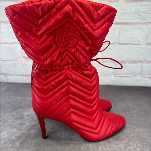 Gucci Gg Matelasse 95mm Red Nylon Slouchy Quilted Heeled Boots - Picture 5 of 13